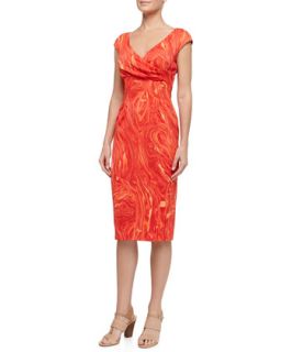 Womens Cross Front Marble Print Charmeuse Dress, Coral   Michael Kors   Coral