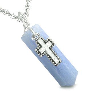 Amulet Crystal Point Wand Holy Cross Charm Blue Lace Agate Gemstone Spiritual and Positive Energy Pendant on 18" Steel Necklace: Best Amulets: Jewelry