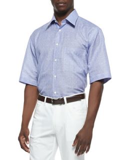 Mens Check Short Sleeve Cotton/Linen Shirt, Purple   Brioni   Blue (LARGE)