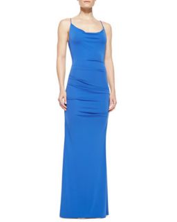 Womens Spaghetti Strap Ruched Gown, Classic Blue   Nicole Miller   Classic