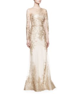 Womens Long Sleeve Lace Illusion Mermaid Gown, Gold   Notte by Marchesa   Gold