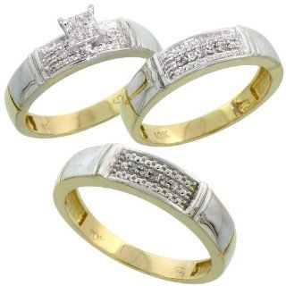 10k Yellow Gold Diamond Trio Engagement Wedding Ring Set for Him and Her 3 piece 5 mm & 4.5 mm, 0.13 cttw Brilliant Cut, ladies sizes 5   10, mens sizes 8   14: Jewelry