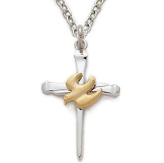 3/4" Sterling Silver Holy Spirit 2 Tone Nail Cross Necklace with Descending Dove on 18" Chain: Jewelry