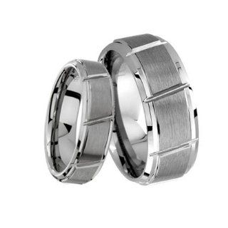 His & Her's 8MM/6MM Brushed Center With Grooved Cut Tungsten Carbide Wedding Band Ring Set (Available Sizes 5 14 Including Half Sizes) Please e mail sizes: Jewelry