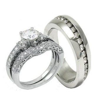 His & Hers 3 Pieces, 925 Sterling Silver & Stainless Steel Engagement Wedding Ring Set, AVAILABLE SIZES men's 7,8,9,10,11,12; women's set 5,6,7,8,9,10. CONTACT US BY EMAIL THROUGH  WITH SIZES AFTER PURCHASE Jewelry