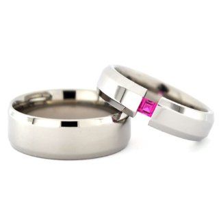 His and Her's Wedding Ring Set with a Princess Cut Gemstone: His And Hers Wedding Band Set: Jewelry