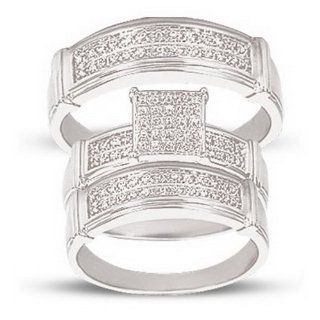 10K White Gold 0.2cttw Pave Diamond Bridal Trio His and Hers Ring Set: Jewelry