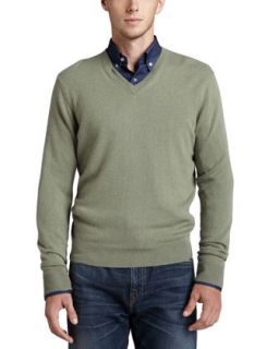 Mens V Neck Cashmere Pullover Sweater, Green   Green (XX LARGE)