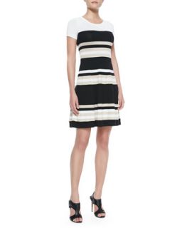 Womens Striped Short Sleeve Flare Dress   DKNY   White/Black/Pavi (SMALL)