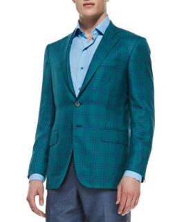 Mens Plaid Two Button Jacket, Green   Isaia   Green (47/48L)