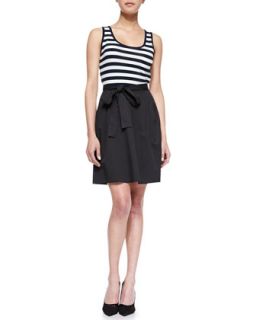 Womens System Sleeveless Striped & Poplin Dress   DKNY   Blk/White/Navy (LARGE)