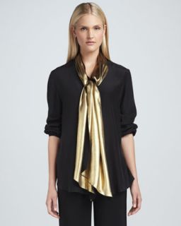 Womens Liquid Golden Tie Neck Blouse, Petite   Caroline Rose   Black/Mlt