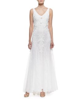 Womens Sleeveless Lace & Beaded Gown with Godets, White   Sue Wong   White (8)