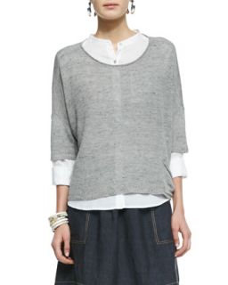 Womens 3/4 Sleeve Linen Blend Knit Top, Pewter   Eileen Fisher   Pewter (XL