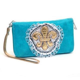 Fleur De Lis Lace And Sequins Zip Around Wallet W/ Croco Texture Faux Leather Turquoise: Shoes