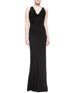 Womens Sleeveless Sequined Jersey Gown   David Meister   Black (8)