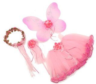 Girls Pink & Hotpink 4 Pc Flower Fairy Princess Costume. Includes Flower Halo, Tutu, Wand and Wings: Toys & Games
