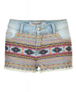Teens Blue Aztec Embroidered Denim Shorts