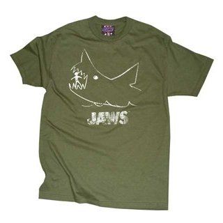 JAWS Distressed (worn looking) Classic Movie Shark Olive T shirt Tee Shirt: Clothing