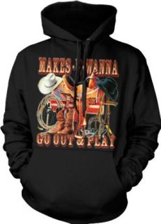 Makes U Wanna Go Out & Play Mens Cowboy Sweatshirt, Cowboy Saddle Boots Spurs Hat And Lasso Design Pullover Hoodie: Clothing