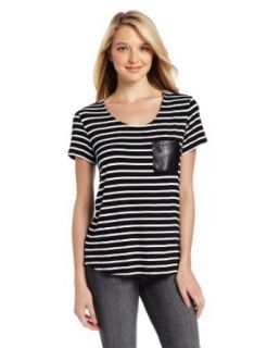 Chaus Women's Short Sleeve Stripe Scoop Neck Tee With Pleather Pckt, Rich Black, Small at  Womens Clothing store: Fashion T Shirts