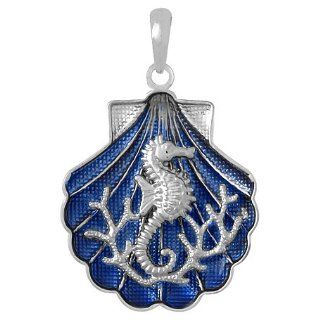 925 Sterling Silver Necklace Charm Pendant, Blue Enamel Shell With Seahors: Million Charms: Jewelry
