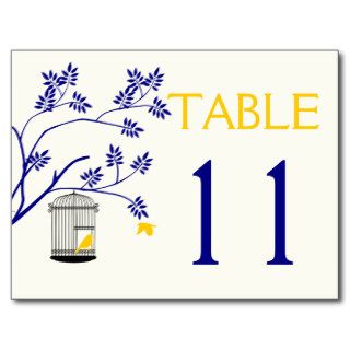 Bird cage navy blue, yellow wedding table number postcard