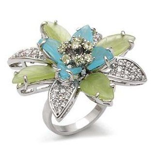 Size 6 Flower MultiColor Synthetic Stone Brass Rhodium Ring: Jewelry