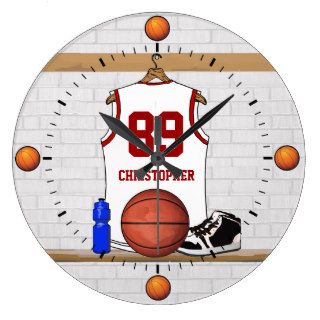 Personalized white Red Basketball Jersey Round Clocks