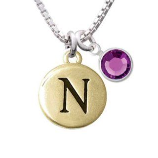 Capital Gold Letter   N   Pebble Disc   Charm Necklace with Amethyst Crystal Drop: Pendant Necklaces: Jewelry