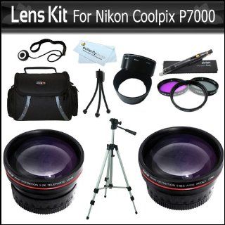 58mm Lens Bundle Kit For Nikon Coolpix P7000 P7100 Digital Camera Includes Necessary Adapter Tube + 2X Telephoto HD Lens + .45x HD Wide angle Lens With Macro + Multi Coated 3 PC Filter Kit (UV CPL FLD) + Deluxe Carrying Case + 52 Tripod + Lens Pen + More :