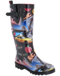Capelli New York Shiny New York Minute Printed With Buckle Ladies Rain Boot Black Combo 8: Shoes