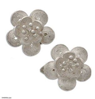 Sterling silver clip on flower earrings, 'Wild Rose': Jewelry