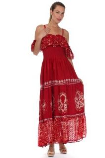 Sakkas 37A Fleur De Lis Batik Jacquard Off Shoulder Crepe Hem Dress   Red / Cream   One Size at  Womens Clothing store