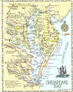 Chesapeake Bay Area Map, 12x16, from original hand lettered drawing in ink and waterolor, by Howard Handlen, signed in pencil. Will gladly customize the map, by way of lettering in n inscription, and/or sdding or marking a place, making a dedication, or ot