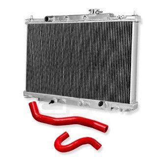DPT, RA HE 2+RH HE RD, Full Aluminum Performance Two Dual Row Core Chrome Radiator with Bolt On 3 Ply 4mm Red Silicone Radiator Hoses Overall Size 29.75"x20.25"x3.5" for Manual Transmission Only: Automotive