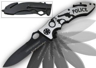 stock K 170. Spring Action Police Tactical Knife 9" Overall Silver This is a new style tactical spring action knife measuring 9" overall w/t blade 4".Unique silver shiny handle design, details on handle includes engraved gun and handcuffs.Wi