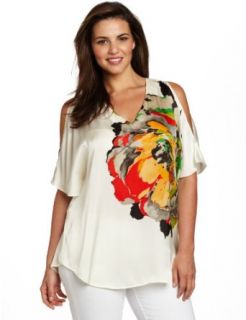 Kenneth Cole New York Women's Plus Size Placed Peony Print Asymmetric Top, Flame Combo, 3X Blouses