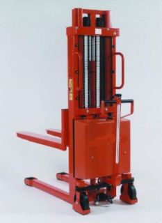 Beacon Trans Stacker Fork Over Design   Manual Drive / Electric Lift; Capacity: 2, 200 lbs.; Raised Fork Height: 63"; Lowered Fork Height: 3 1/4"; Fork Width: 6 1/2"; Raised Mast Height: 77"; Lowered Mast Height: 76"; Overall Width