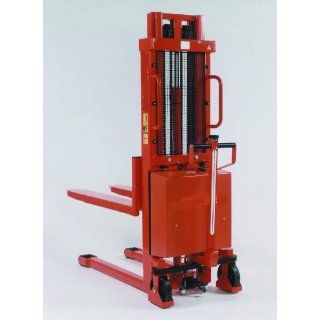 Beacon Trans Stacker Fork Over Design   Manual Drive / Electric Lift; Capacity: 2, 200 lbs.; Raised Fork Height: 63"; Lowered Fork Height: 3 1/4"; Fork Width: 6 1/2"; Raised Mast Height: 77"; Lowered Mast Height: 76"; Overall Width