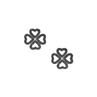 .925 Sterling Silver Rhodium Plated Micro Pave Black Cubic Zirconia Lucky Four Leaf Clover Design Earrings with Push Back: Goldenmine: Jewelry