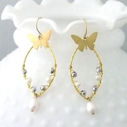 Brass Butterfly Pearl and Crystal Drop Earrings (4 9 mm) (Thailand) Earrings