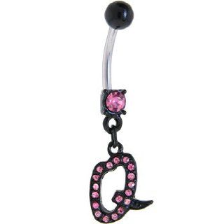 Black Anodized Pink Jeweled Initial Belly Ring Letter Q: Body Piercing Barbells: Jewelry