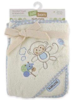 Just Born Naturals Hooded Towel & Washcloth Set, Blue Monkey : Hooded Baby Bath Towels : Baby
