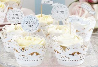 Cupcake Decorations Pack of 16 Vintage lace Style Cake Toppers [Kitchen & Home]   Dessert Decorating Cake Toppers
