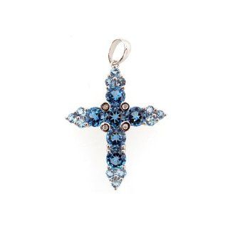 14K White Gold Blue Topaz and Diamond Cross Pendant: Jewelry