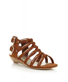 Tan Double Buckle Strap Low Wedge Sandals