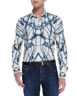 Mens Thistle Print Long Sleeve Shirt, Ivory/Blue   Alexander McQueen   Ivory