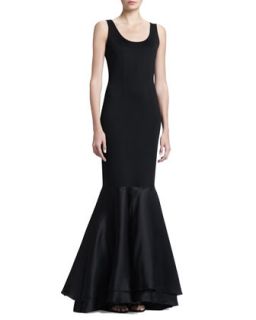Womens Sateen Milano Knit Scoop Neck Gown with Satin Faced Organza Flounce Hem,