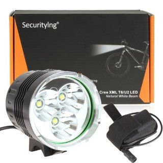 SecurityIng Super Bright 3 X CREE XM L T6 3600Lm 4 Modes White LED Bike Lamp Cree LED Headlight Solid Bicycle Light and Powerful Headlamp with 8.4V Battery Pack and US Plug Charger Set For Outdoor Hiking, Riding, Camping and Other Activites   Mtb Lights  
